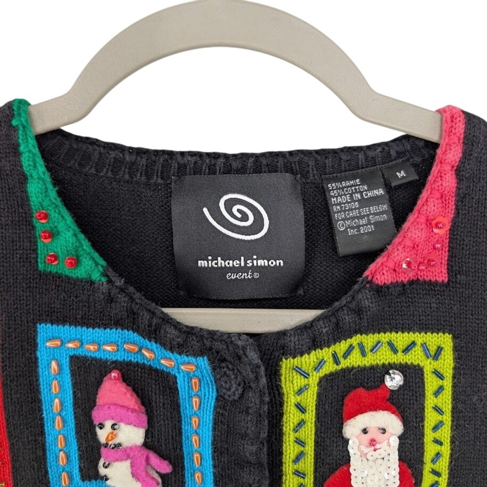Michael Simon Christmas Cardigan Black M Beaded Window Applique 2001 Y2K - Picture 2 of 10